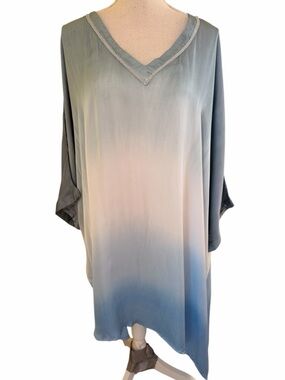 Tamsy Blue Gradient Ombre V-Neck Tunic Caftan OS